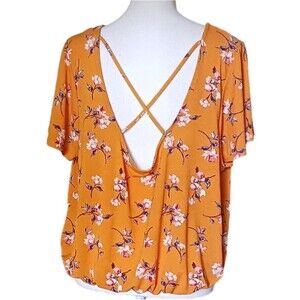 Rewind Blouse Orange Floral Short Sleeve Criss-cross Back & Elastic Waist. XXL